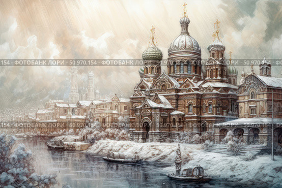 Watercolor winter illustration of a majestic Russian cathedral with onion domes located near the embankment. The architecture is made in a traditional style with rich detail. Snow-covered trees, roofs and boats on the river add to the atmosphere of peace, light and winter fairy tale. The sun's rays softly illuminate the city, creating a sense of magic and solemnity. Perfect for themes of architecture, history, Orthodoxy, winter and art. Стоковое AI-изображение, AI-художник Анна Кривицкая / Фотобанк Лори