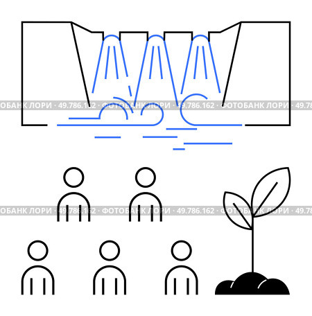 Waterfall representing resources, group of people symbolizing community, young plant illustrating growth. Ideal for teamwork, sustainability, nature, community initiative, environmental care, growth. Community Growth and Development through Collaborative Efforts with Natural Resource Symbolism. Стоковая иллюстрация, агентство Ingram Publishing / Фотобанк Лори