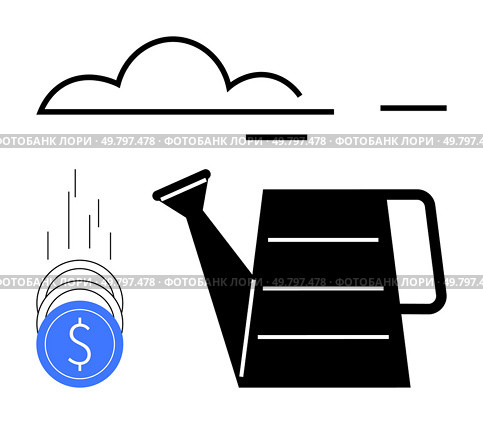 Watering can pouring coins symbolizing investment and financial growth under a cloud. Ideal for finance, investment, savings, growth, strategy, wealth management, economic planning. Line metaphor. Watering Can Nurturing Financial Growth Symbolized by Coins Falling, Under a Cloud. Стоковая иллюстрация, агентство Ingram Publishing / Фотобанк Лори