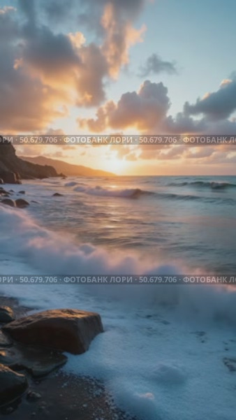 Waves Crashing Against Rocks at Sunset, Creating a Tranquil Coastal Scene. Concept of Beach Resorts, Travel Agencies, Ocean Tours. Стоковое AI-видео, аниматор Sergey Grishin / Фотобанк Лори