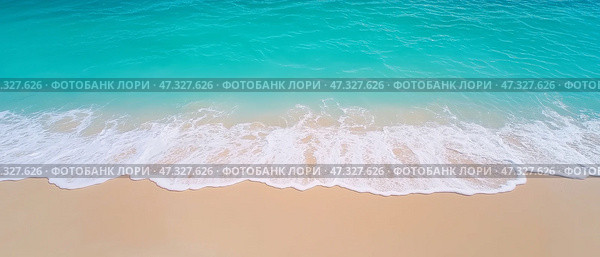 Waves gently lap against a pristine sandy beach under a clear blue sky. Мягкие волны накатывают на песчаный берег, создавая расслабляющую атмосферу. Спокойный пляж с яркими бирюзовыми водами и мелким золотистым песком приглашает гостей насладиться красотой природы. Стоковое AI-изображение, AI-художник Katsiaryna Repich / Фотобанк Лори