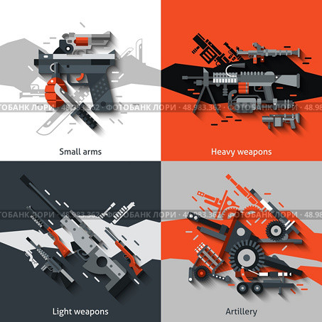 Weapon design concept set with small arms heavy light artillery flat icons isolated vector illustration. Стоковая иллюстрация, агентство Ingram Publishing / Фотобанк Лори