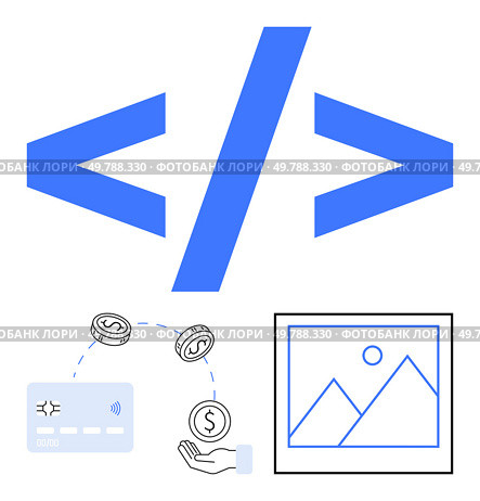 Web coding tag surrounded by credit card, coins, and hand icons representing online transactions, alongside an image upload icon. Ideal for web, v07 development, coding tutorials, e-commerce, financial. Web Development Coding Tag with Online Payment and Image Upload Integration. Стоковая иллюстрация, агентство Ingram Publishing / Фотобанк Лори