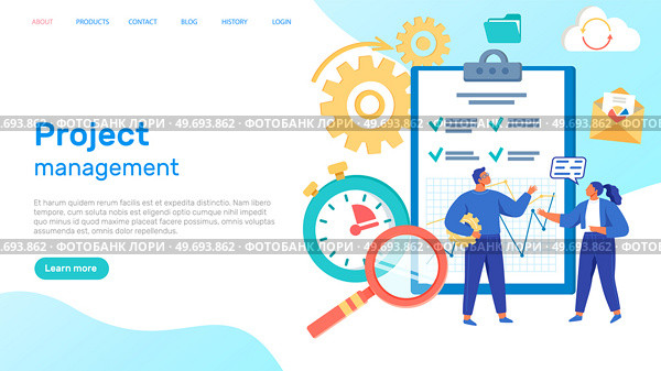 Website for project management web page template. People work with business start-up planning. Employees analyze data for successful project launch. Market research, creation of financial strategy. Website for project management web page template. People work with business start-up planning. Стоковая иллюстрация, агентство Ingram Publishing / Фотобанк Лори
