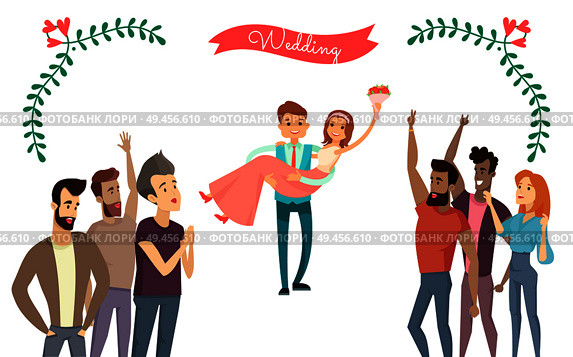 Wedding poster isolated on white happy couple vector illustration with red ribbon, leaves and flowers spectators of unification process cute newlyweds. Wedding Poster Isolated on White, Happy Couple. Стоковая иллюстрация, агентство Ingram Publishing / Фотобанк Лори