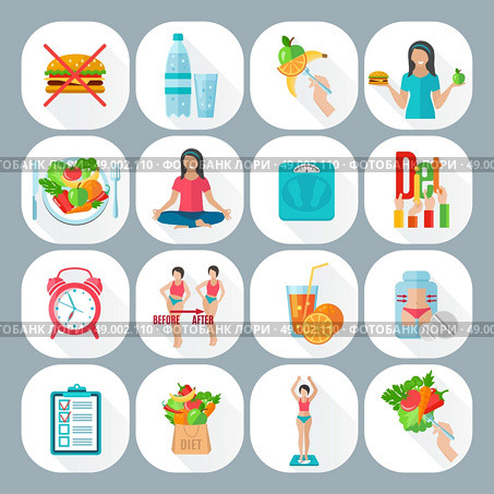 Weight loose diet flat icons set. Healthy life style low fat vegetarian diet plan with meditation flat icons set abstract isolated vector illustration. Стоковая иллюстрация, агентство Ingram Publishing / Фотобанк Лори