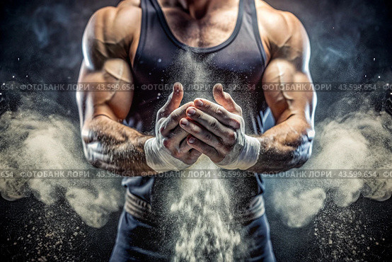 Weightlifting competitions. The athlete processes his hands with chalk before taking a lot of weight. A sport at the Summer Olympics. Стоковое AI-изображение, AI-художник Photojuli / Фотобанк Лори