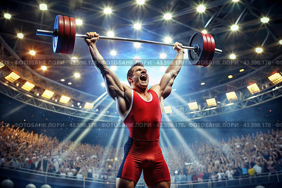 Weightlifting competitions. The athlete takes a lot of weight of the barbell. The sport of the Summer Olympic Games. Стоковое AI-изображение, AI-художник Photojuli / Фотобанк Лори