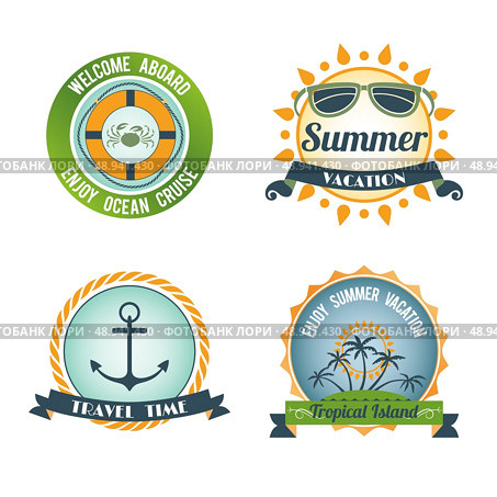 Welcome aboard summer vacation travel color labels set isolated vector illustration. Стоковая иллюстрация, агентство Ingram Publishing / Фотобанк Лори