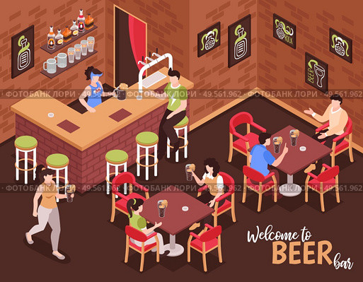 Welcome to beer bar isometric background with bartender and visitors sitting at tables and drinking beer vector illustration. Стоковая иллюстрация, агентство Ingram Publishing / Фотобанк Лори