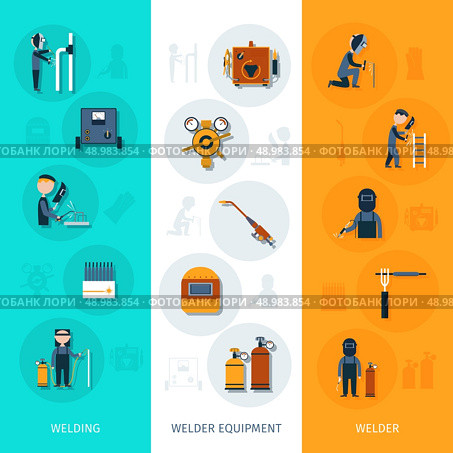 Welder banner vertical set with welding equipment elements isolated vector illustration. Welder Banner Vertical. Стоковая иллюстрация, агентство Ingram Publishing / Фотобанк Лори