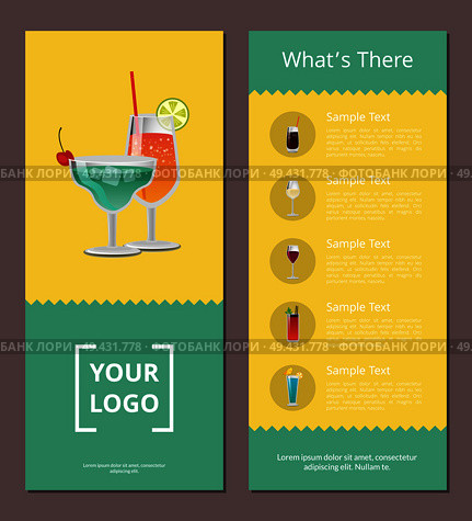 Whats there, your logo, cocktail menu with various types of alcoholic drinks and text sample as additional information on vector illustration. Whats There Cocktail Menu on Vector Illustration. Стоковая иллюстрация, агентство Ingram Publishing / Фотобанк Лори