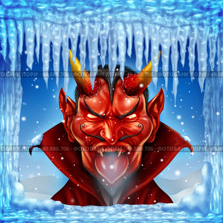 When hell freezes over concept with a cold red devil character in an icy winter environment  with snow and icicles on a blue sky background as a metaphor for unlikely events and not a chance. Стоковое фото, агентство Ingram Publishing / Фотобанк Лори