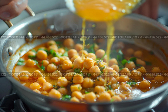 Whisked egg pouring into chickpea skillet. Стоковое AI-изображение, AI-художник Иван Рябоконь / Фотобанк Лори
