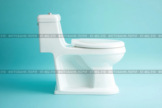 White ceramic toilet bowl isolated on a blue background. Clean new flush toilet with the lid closed. Cleaning, personal hygiene concept. Restroom theme. World Toilet Day. Bathroom. WC. Side view. Стоковое AI-изображение, AI-художник Марина Демидюк / Фотобанк Лори