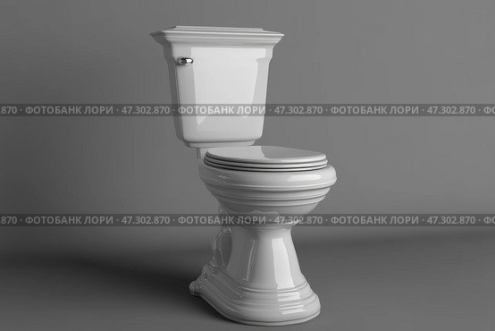 White ceramic toilet bowl isolated on gray background. Clean new flush toilet with the lid closed. Cleaning, Lifestyle and personal hygiene concept. Restroom theme. World Toilet Day. Bathroom. WC. Стоковое AI-изображение, AI-художник Марина Демидюк / Фотобанк Лори