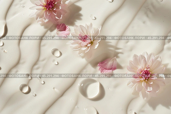 White cream texture and flowers. Body lotion swipe swatch. Skincare mask. Cosmetic face serum smudge. Moisturizer smooth smear. Trendy bio selfcare beauty product. Peptides, ceramides, retinol. CC, BB. Стоковое AI-изображение, AI-художник Евгений Демидюк / Фотобанк Лори