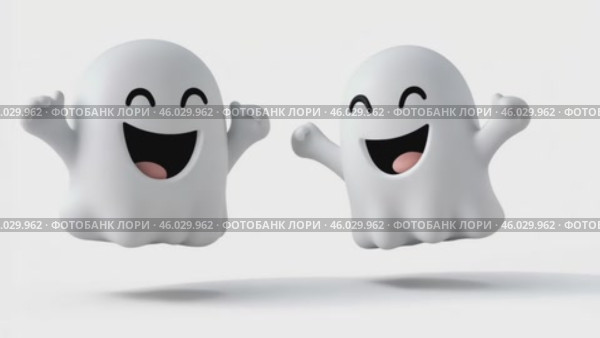 White Cute Ghost Featuring Happy and Cheerful Faces Expression. Bright Playful Ghosts are Perfect for Creating Fun and Whimsical Design Concepts. Smiling Friendly Halloween Characters. 3d cartoon. Стоковое AI-видео, аниматор Марина Демидюк / Фотобанк Лори