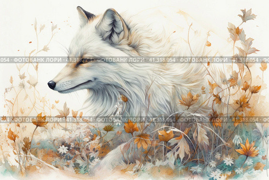 White fox among the grass in autumn, watercolor style, Generative AI. Стоковое AI-изображение, AI-художник Анна Кривицкая / Фотобанк Лори