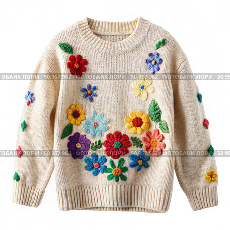 White Knit Sweater With Colorful Applique Flowers. Generative AI. Стоковое AI-изображение, AI-художник Roman Zavorotny / Фотобанк Лори