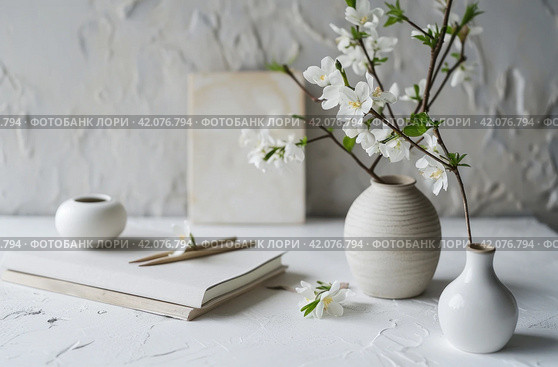 white paper template and pictures of white apsara flowers on a white table. Стоковое AI-изображение, AI-художник Юлия Гапеенко / Фотобанк Лори