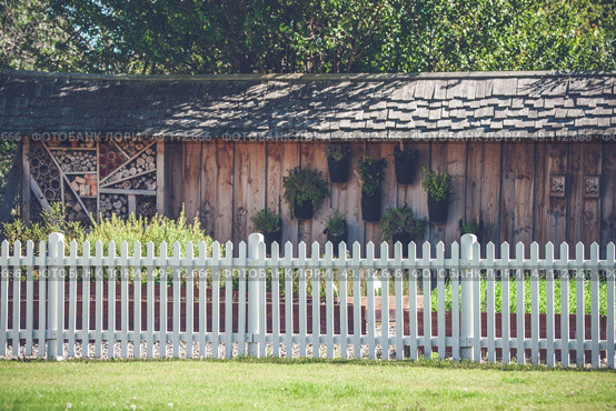 White picket fence in a garden with a woodshed. Стоковое фото, агентство Ingram Publishing / Фотобанк Лори