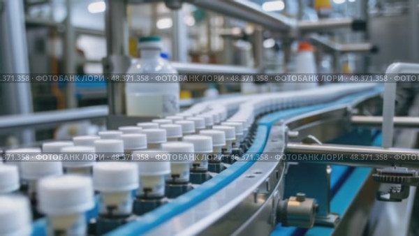 White plastic bottles moving on conveyor belt in dairy plant. Стоковое AI-видео, аниматор Юрий Поздников / Фотобанк Лори