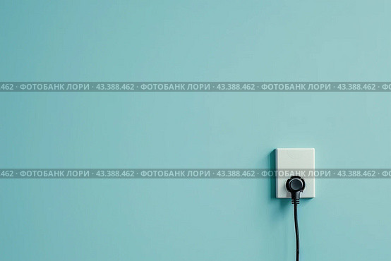 White plastic power outlet. Power socket. Brand new electrical socket isolated on a blue wall with black single plug switched on. Renovated studio apartment power supply background. Empty copy space. Стоковое AI-изображение, AI-художник Марина Демидюк / Фотобанк Лори