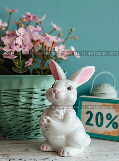 White porcelain bunny in flower shop. Blue background. Vertical layout for 20% sales. Стоковое AI-изображение, AI-художник Катерина Ковалева / Фотобанк Лори