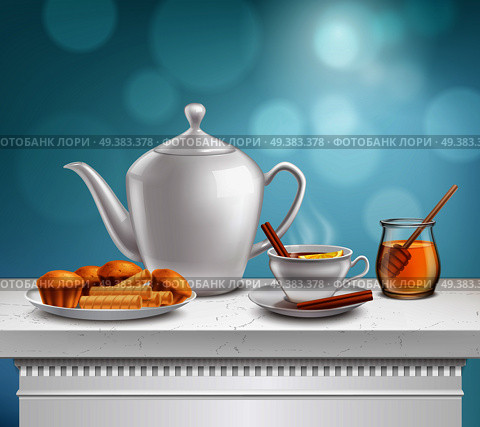 White porcelain teapot full hot teacup glass honey jar and plate muffins waffels realistic composition vector illustration . Teapot Honey Jar Realistic Set . Стоковая иллюстрация, агентство Ingram Publishing / Фотобанк Лори