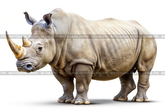 White Rhinoceros Standing on a White Background. Generative AI. Стоковое AI-изображение, AI-художник Roman Zavorotny / Фотобанк Лори