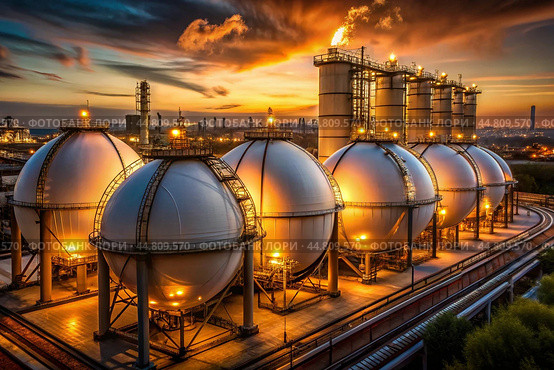 White spherical tanks for storing oil in an outdoor refinery. Tanks for petroleum products are equipment for industrial spherical oil storage. Стоковое AI-изображение, AI-художник Photojuli / Фотобанк Лори