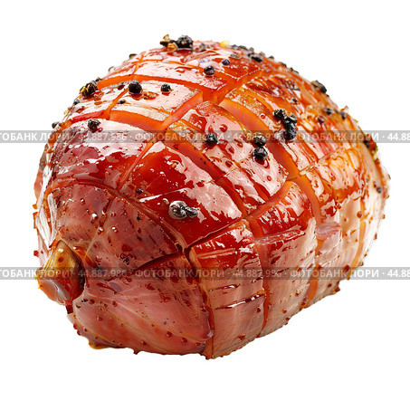 Whole roasted gammon ham with black peppercorns on white background. Стоковое AI-изображение, AI-художник Иван Рябоконь / Фотобанк Лори