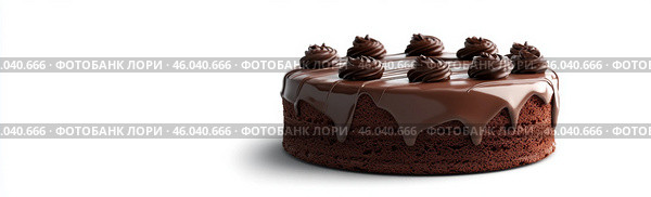 Whole Round Sacher torte wide long banner. Brown Chocolate famous Sachertorte cake with apricot jam on white background. Typical Austrian original brown sponge cake dessert with spreading cocoa glaze. Стоковое AI-изображение, AI-художник Марина Демидюк / Фотобанк Лори