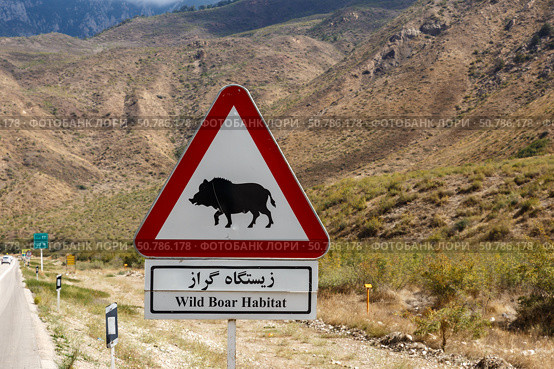 Wild boar habitat sign along Gorgan Bojnord road in Golestan National Park. Стоковое фото, фотограф Михаил Пряхин / Фотобанк Лори