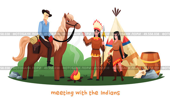 Wild west cartoon vector illustration with cowboy riding horse meeting with indians in national dress and hunting weapon. Стоковая иллюстрация, агентство Ingram Publishing / Фотобанк Лори