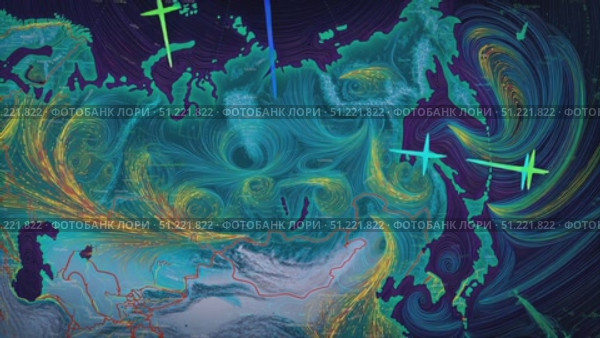 Wind currents streaming across russia and siberia, revealing atmospheric patterns with airplane markers tracing flight routes on geographic visualization map. Стоковое AI-видео, аниматор Юрий Поздников / Фотобанк Лори