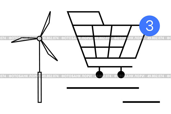 Wind turbine and shopping cart with notification bubble showing number 3. Ideal for eco-friendly shopping, sustainability promotions, e-commerce, environmental campaigns, green energy awareness. Sustainable Shopping Concept with Notification for Eco-Friendly Products in Cart. Стоковая иллюстрация, агентство Ingram Publishing / Фотобанк Лори
