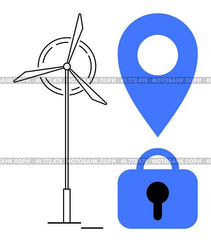 Wind turbine beside a blue location marker and lock, emphasizing renewable energy, secure services, and pinpointing locations. Ideal for green energy concepts, security, geolocation, modern design. Renewable Energy, Location Services, and Security Symbol Design. Стоковая иллюстрация, агентство Ingram Publishing / Фотобанк Лори