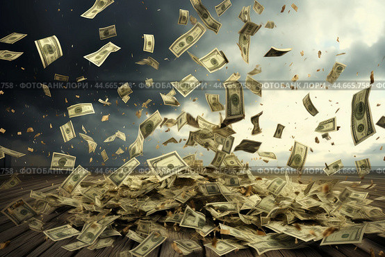 Windfall of wealth - dollar bills falling from sky. Стоковое AI-изображение, AI-художник Иван Рябоконь / Фотобанк Лори