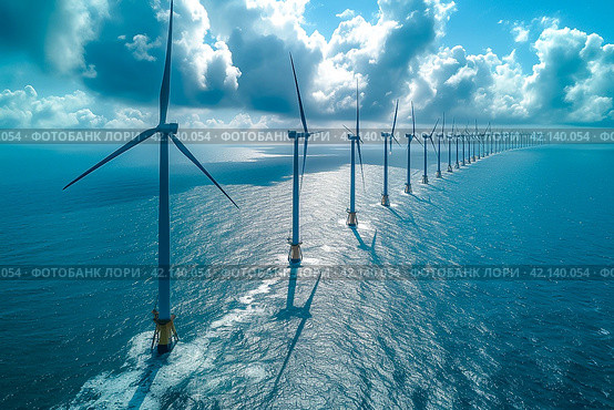 Windmill park with clouds and a blue sky, wind mill turbines in the ocean aerial view of a wind farm in the Nehterlands. production clean energy concept. Стоковое AI-изображение, AI-художник Ирина Михайличенко / Фотобанк Лори