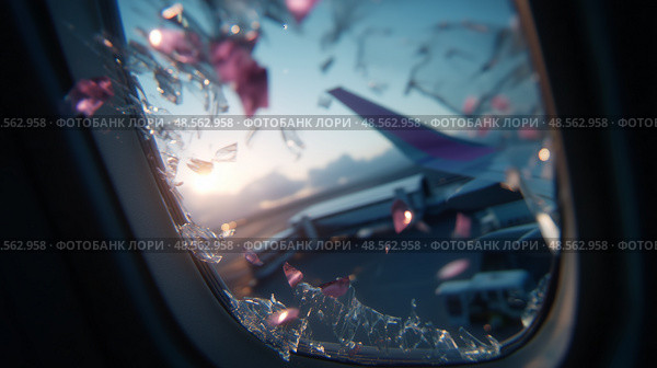 Window view with shattered glass showing an airplane wing and sunrise in the background at an airport. Стоковое AI-изображение, AI-художник Сергей Толмачёв / Фотобанк Лори