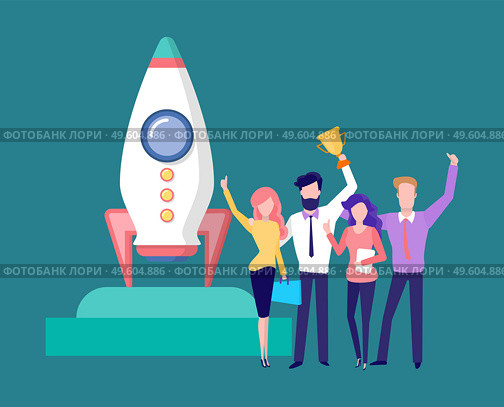 Winners standing with award, man and woman colleagues, business success of teamwork, spaceship on platform, growth symbol, group of people vector. Employees Success, Teamwork Win, Spaceship Vector. Стоковая иллюстрация, агентство Ingram Publishing / Фотобанк Лори