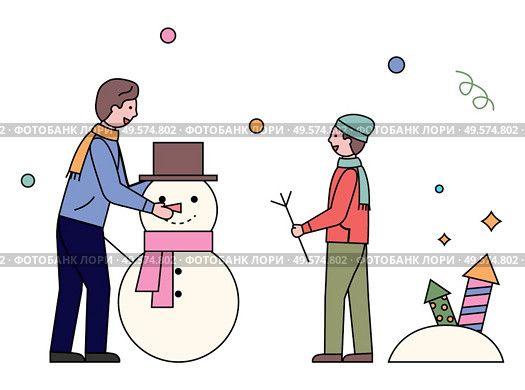 Winter activities of father and son vector. Man and boy sculpting snowman character decorating it with hat and knitted scarf. Family recreation in winter season, dad and child outdoors flat style. Father and Son Sculpting Snowman Outdoors Vector. Стоковая иллюстрация, агентство Ingram Publishing / Фотобанк Лори