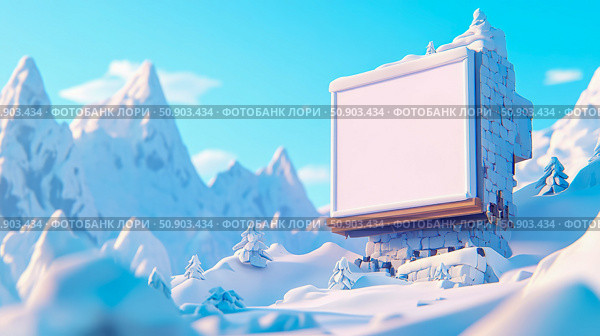 Winter advertising billboard mock-up in snow mountain landscape, cold season advertising, outdoors marketing campaign in winter. Стоковое AI-изображение, AI-художник Данила Большаков / Фотобанк Лори