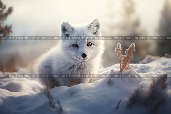 Winter baby arctic fox sunny forest. Generate Ai. Стоковое AI-изображение, AI-художник Иван Рябоконь / Фотобанк Лори