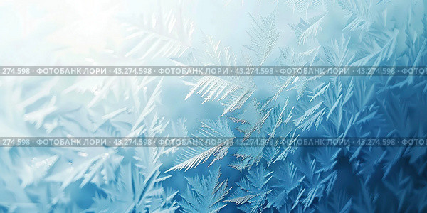 Winter frost patterns on glass. Ice crystals. Abstract light blank cold winter background or wallpaper. Frost patterns on frozen window. Frosted glass. Freezing effect. Frostwork. Harsh season. Cold. Стоковое AI-изображение, AI-художник Марина Демидюк / Фотобанк Лори