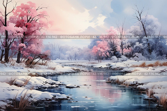 Winter landscape with a river and pink trees on the banks, Стоковое AI-изображение, AI-художник Анна Кривицкая / Фотобанк Лори