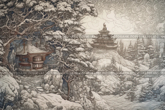 Winter landscape with two traditional oriental buildings surrounded by snow-covered trees and mountains. In the foreground on the left is a small house with a curved roof and wooden elements, surrounded by thick branches of trees covered with snow. In the background on the right is a majestic temple or palace standing on a hill, also surrounded by snow-capped trees and mountains. The sky is depicted with swirling clouds, giving the scene a fantastic and mystical atmosphere. The entire composition is made in muted tones with a predominance of gray, white and brown shades, which emphasizes the coldness and tranquility of the winter landscape. Стоковое AI-изображение, AI-художник Анна Кривицкая / Фотобанк Лори