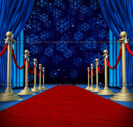 Winter red carpet background as a catwalk or runway in an auditorium stage with snowflakes falling down as a seasonal holiday celebration for newyear marketing or promotion with copyspace. Стоковое фото, агентство Ingram Publishing / Фотобанк Лори